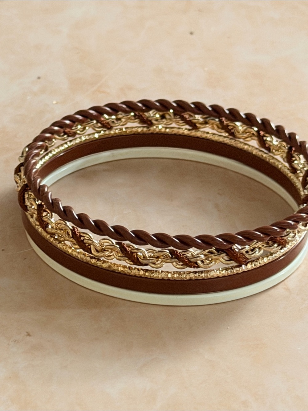 Stacked Set 5  Brown White Gold Women's Bangle Bracelets  Boho Hippie Everyday